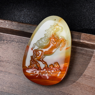 天然新疆和田玉籽料招财玉马吊坠马到成功马上赢项链挂件平安牌