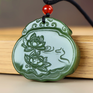 和田玉碧玉福字玉锁吊坠双面雕刻菠菜绿玉石莲花长命锁富贵有余