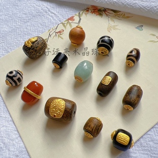 925古法银五条经和田玉镶沉香檀木多宝桶珠文玩项手链穿珠配件饰