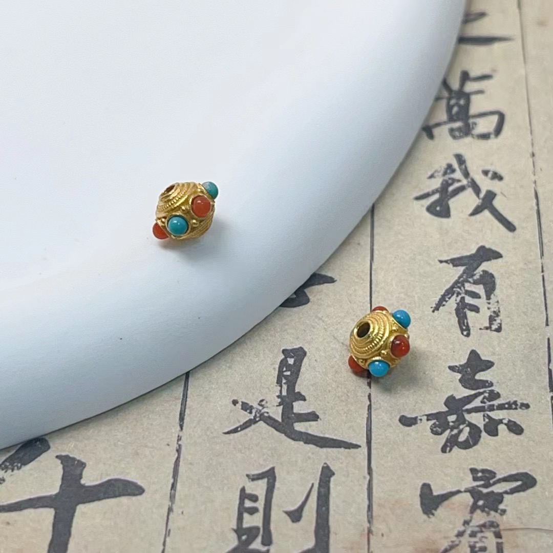 S925古法银镶尼泊尔蜻蜓眼松石南红玛瑙多宝隔珠diy文玩手链配件