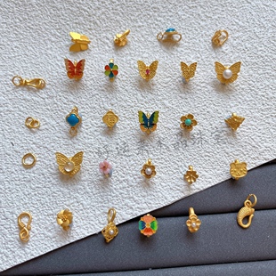 烧蓝四叶草蝴蝶镶嵌绿松石珍珠挂坠压襟扣配件925古法银镀金挂扣