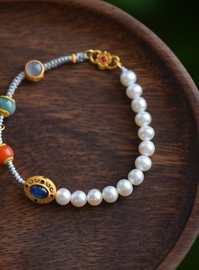 天然淡水古法银南红翡翠多宝手链