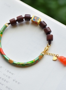 纯银烧蓝工艺绿色古法方块桶珠