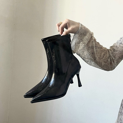 2025秋冬新款黑色尖头高跟短靴女法式细跟弹力瘦瘦靴气质小踝靴子