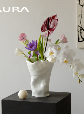 AURA皱褶艺术花瓶树脂中古家居饰品设计侘寂风摆件小众北欧极简