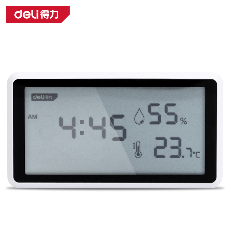 deli得力工具数显温湿度计家用室内高精度电子数显时间表DL336001