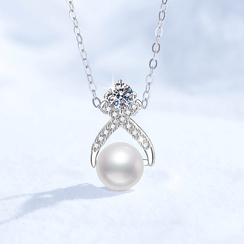 S925银镀18K金PT950铂金镶嵌莫桑石项链天然淡水珍珠交叉时尚吊坠