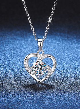 S925银镀18K金PT950铂金镶嵌莫桑石项链女永恒之心吊坠礼物锁骨链