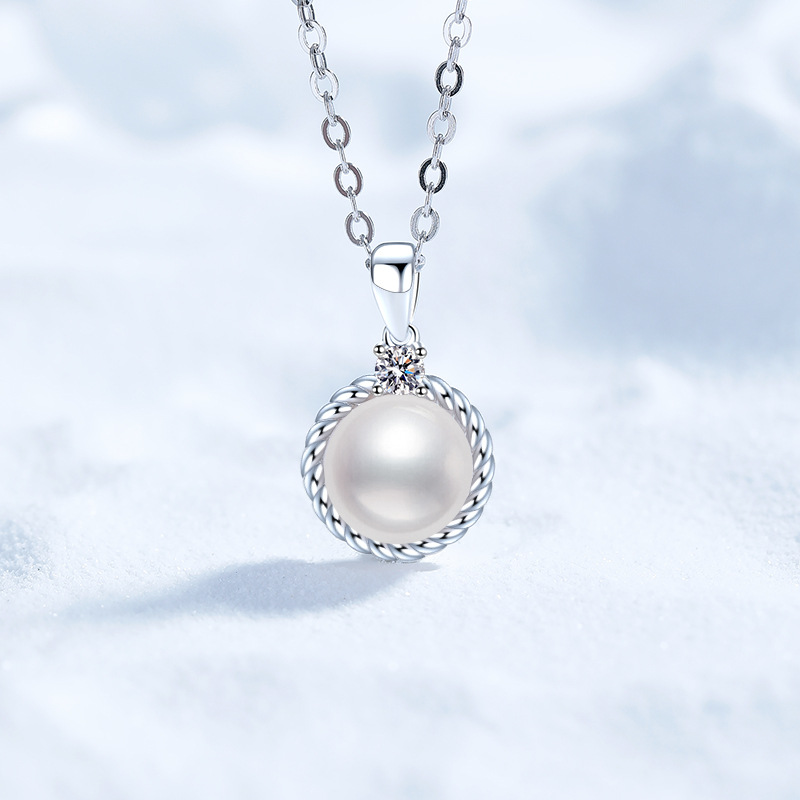 S925银镀18K金PT950铂金镶嵌莫桑石项链淡水珍珠项链简约麻花吊坠