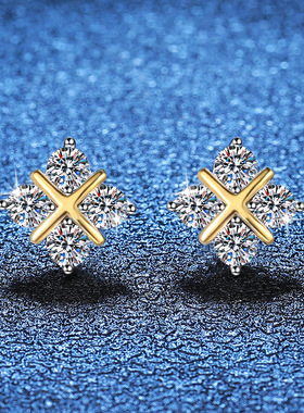 S925银镀18K金PT950铂金镶80分D色莫桑石轻奢T家满钻交叉时尚耳钉