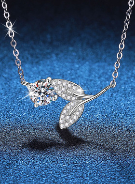 S925银镀18K金PT950铂金镶嵌1克拉莫桑石女小众百搭风吹树叶项链