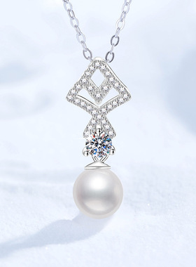 S925银镀18K金PT950铂金镶嵌莫桑石项链天然淡水珍珠8mm鱼尾吊坠