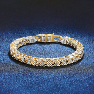 S925银镀18K金PT950铂金镶嵌莫桑石手链嘻哈古巴链满镶莫桑钻手链