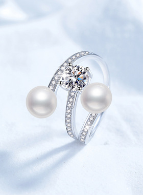 S925银镀18K金PT950铂金镶莫桑石天然淡水珍珠戒指环可调节女戒指