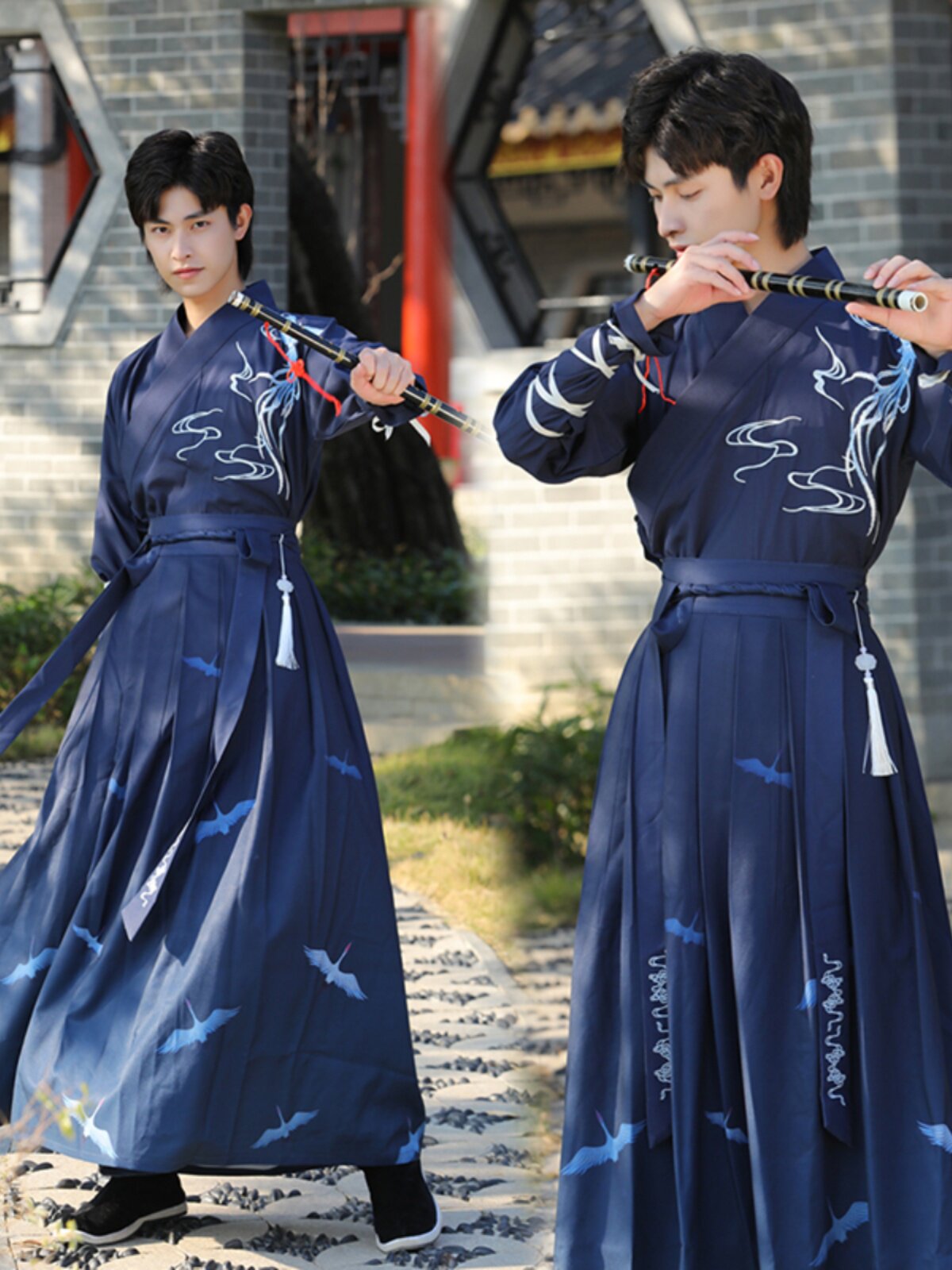 중국 스타일 송나라 수 놓은 태극권 무술 공연 사파이어 블루 수 놓은 긴팔 치마 정장 HANFU 남성과 여성의 고대 의상