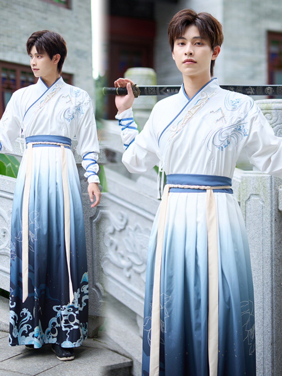 중국 스타일 송나라 수 놓은 태극권 무술 공연 사파이어 블루 수 놓은 긴팔 치마 정장 HANFU 남성과 여성의 고대 의상
