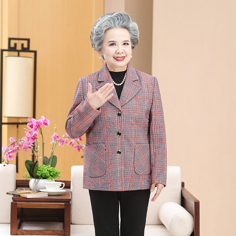 奶奶秋装格子西服上衣2025新款60岁70中老年女装春秋小西装外套