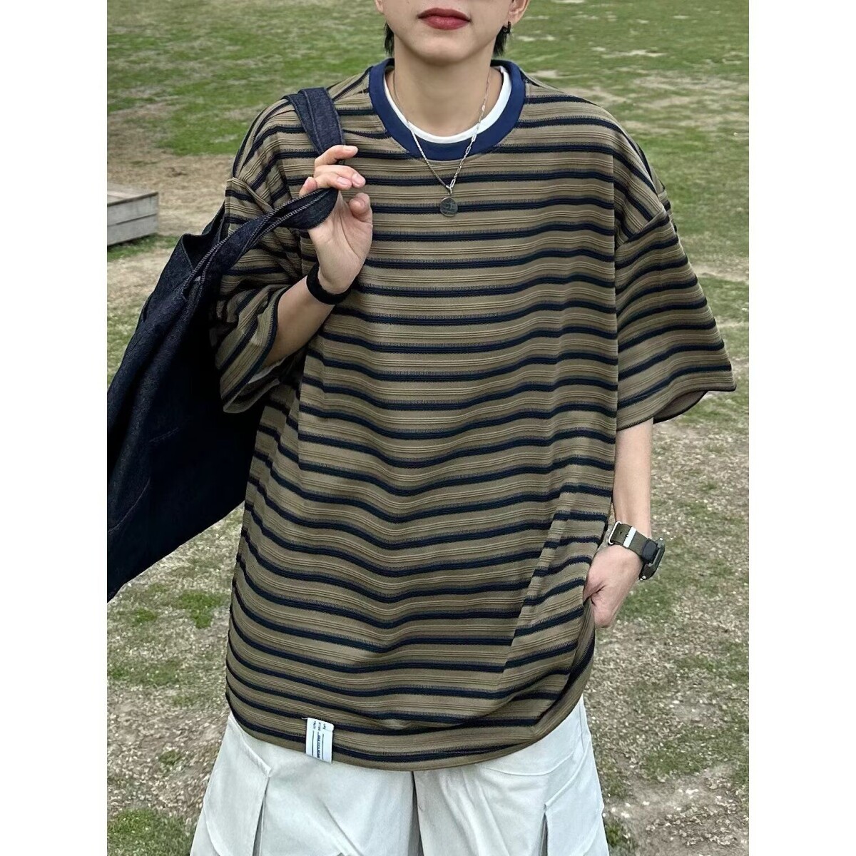 1506/Q337/P42短袖t恤男潮牌夏季宽松五分袖条纹上衣,男装T恤,星座1506