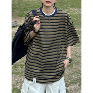 1506/Q337/P42短袖t恤男潮牌夏季宽松五分袖条纹上衣图片