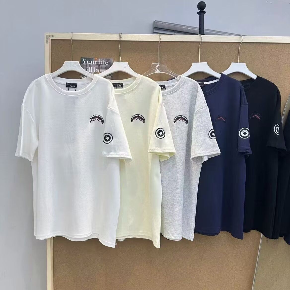 1506/QAT5010/P34鲨鱼短袖t恤男潮牌夏季宽松五分袖简约印花上衣,男装T恤,星座1506