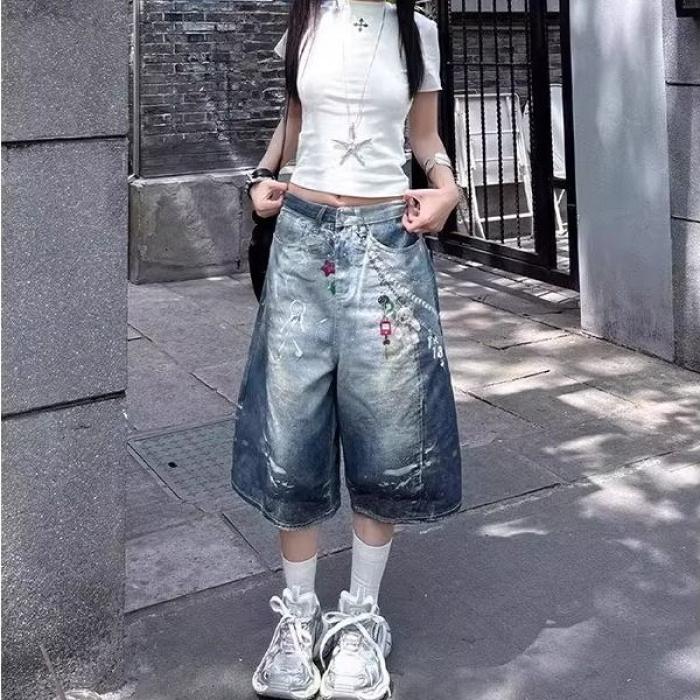 1506/QB1610/P54美式3D打印挂链七分牛仔裤男女宽松阔腿中短裤,男装牛仔裤,星座1506