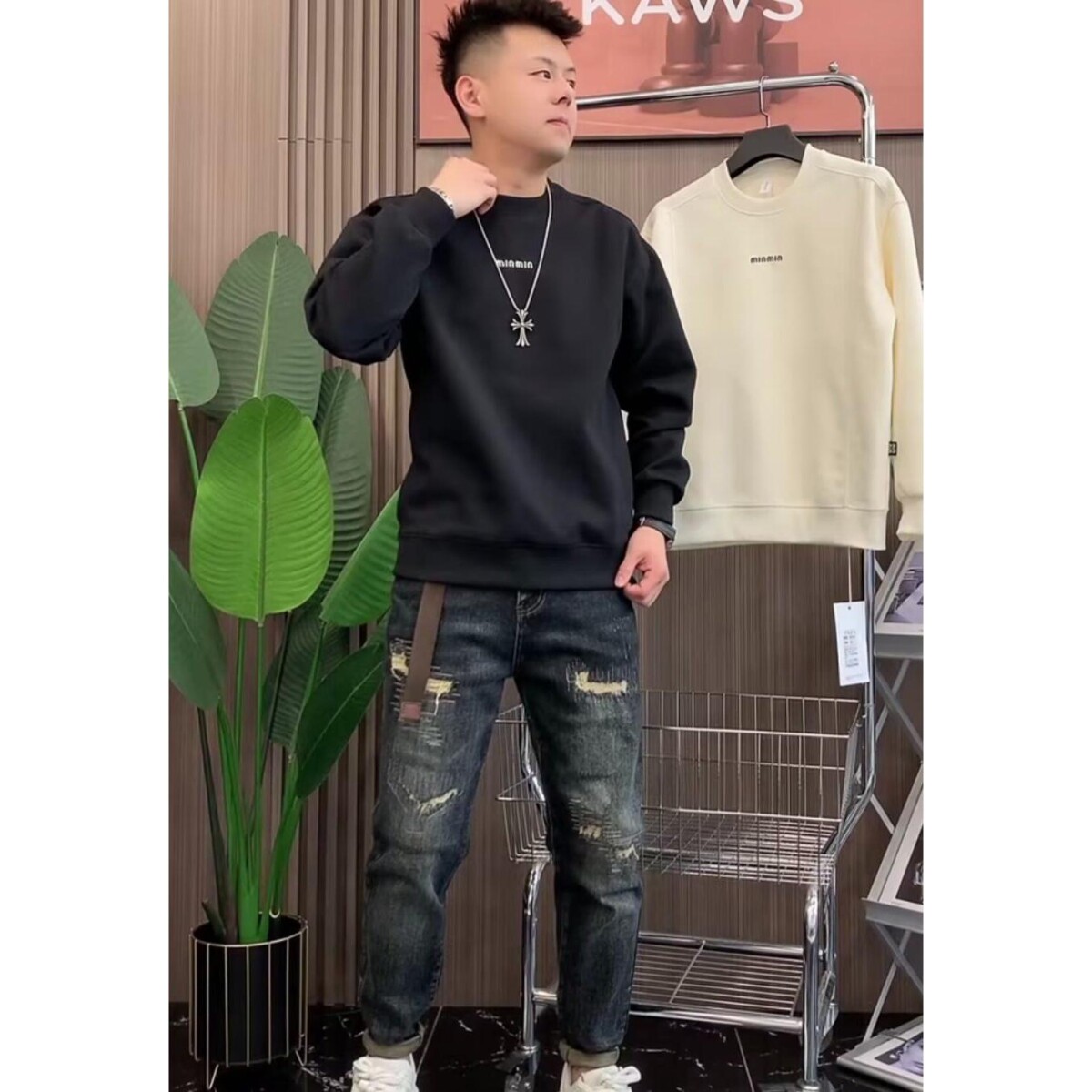 1506/QW6010/P37印花秋冬卫衣男春秋季韩版新款圆领宽松上衣图片