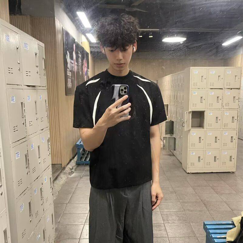 1506/Q318/P39高街美式小众黑色复古高级休闲夏季潮牌短袖男T恤图片
