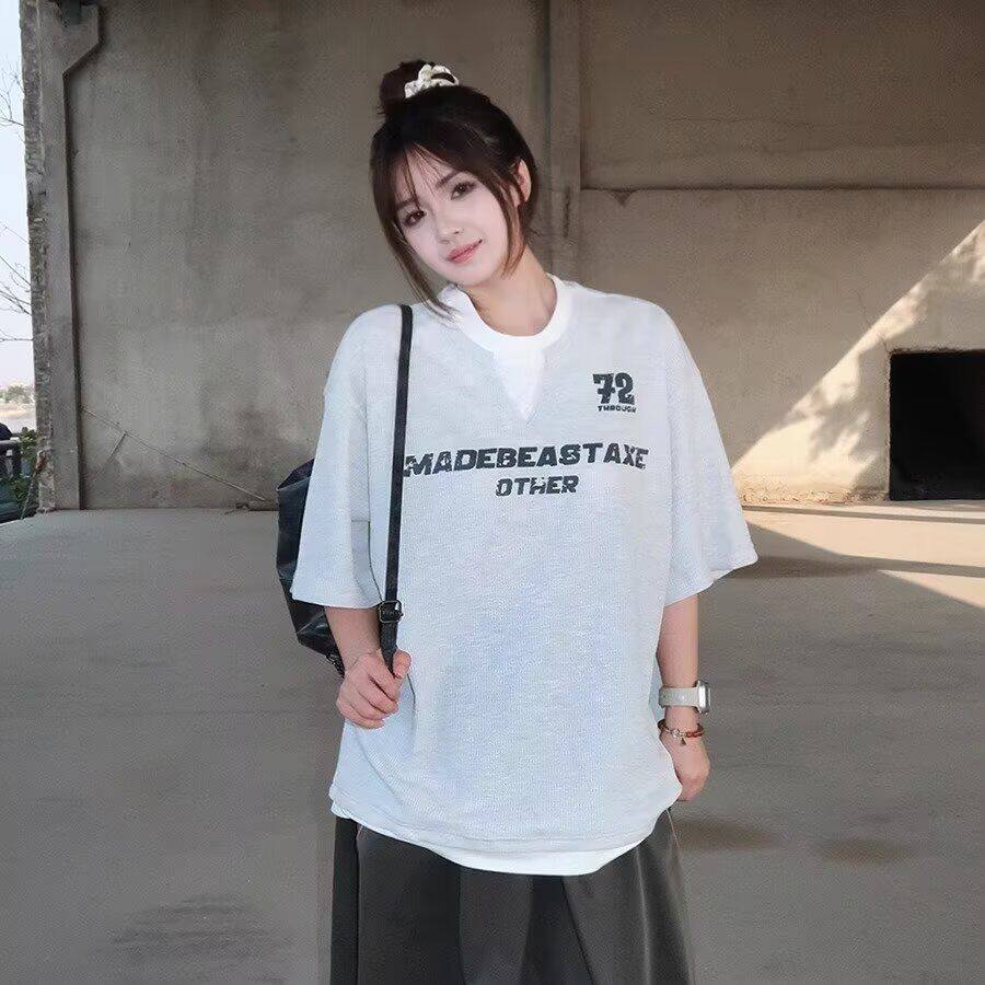 1506/QX440/P39学院风撞色假两件V领短袖T恤男女宽松高街半袖潮图片