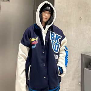 1506/QWT440/P56潮美式重工字母植绒刺绣棒球服男秋季宽松夹克1图片
