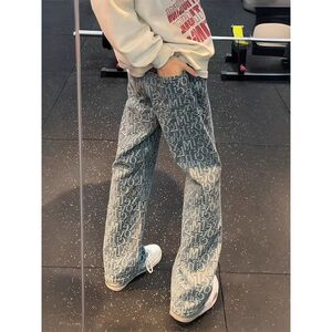 1506/Q229/P48浅蓝色字母提花满印牛仔裤男潮修身弯刀微喇裤子图片
