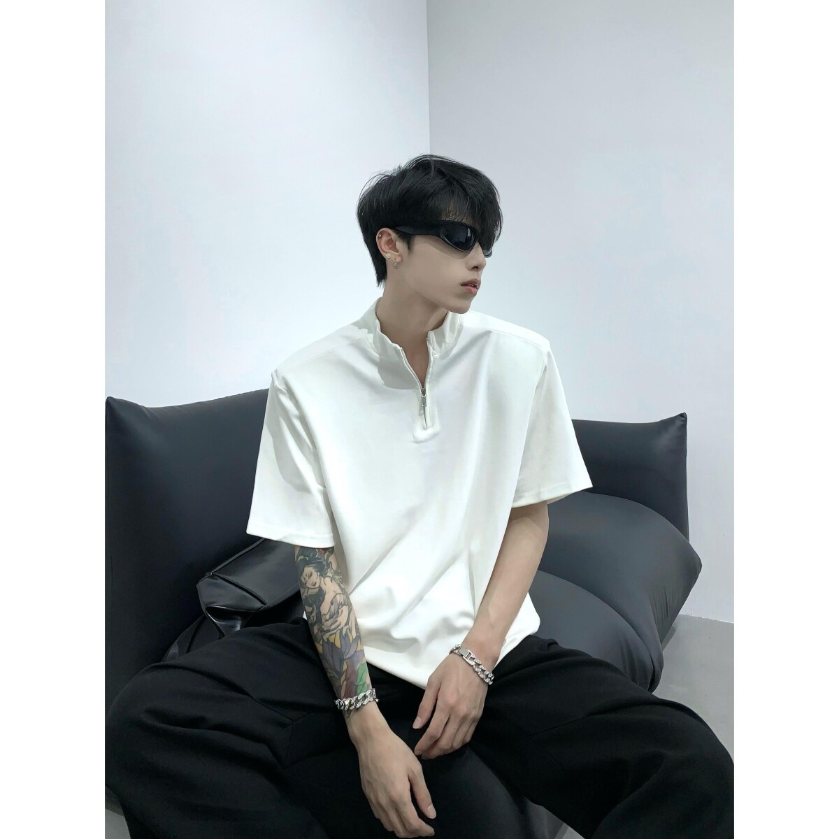 1506/QT170/P40美式高街半拉链短袖男夏季潮宽松t恤五分袖,男装T恤,星座1506