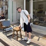 1506/QC1390/P35夏装日系竖条纹短袖衬衫男情侣潮宽松五分袖衬衣，男装T恤，星座1506
