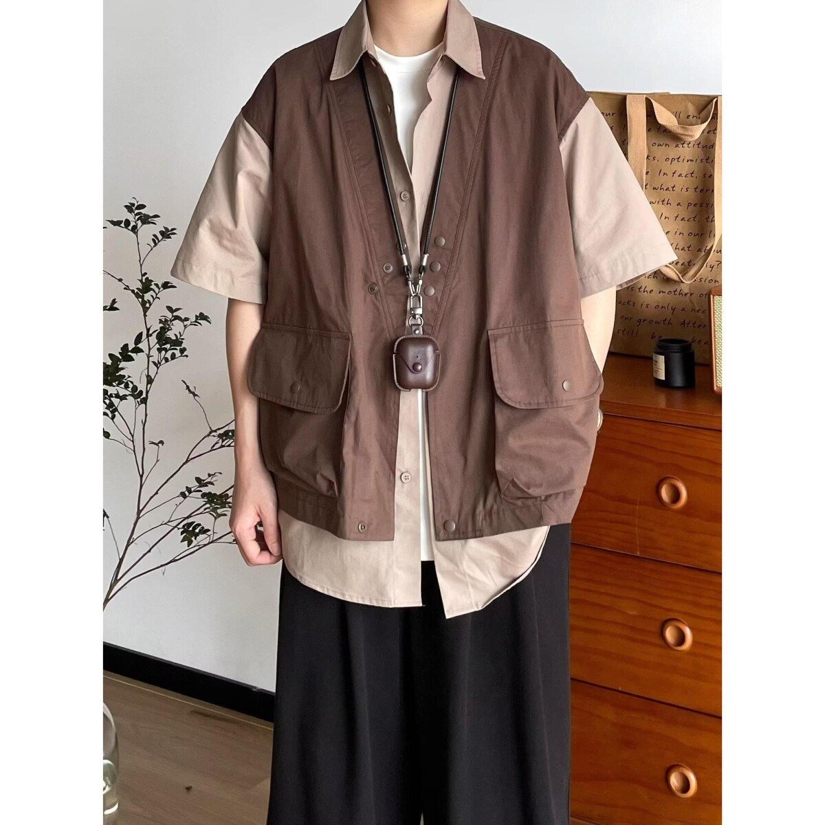 1506/QJ390/P46日系男复古撞色拼接假两件工装短袖衬衫男女衬衣,男装T恤,星座1506