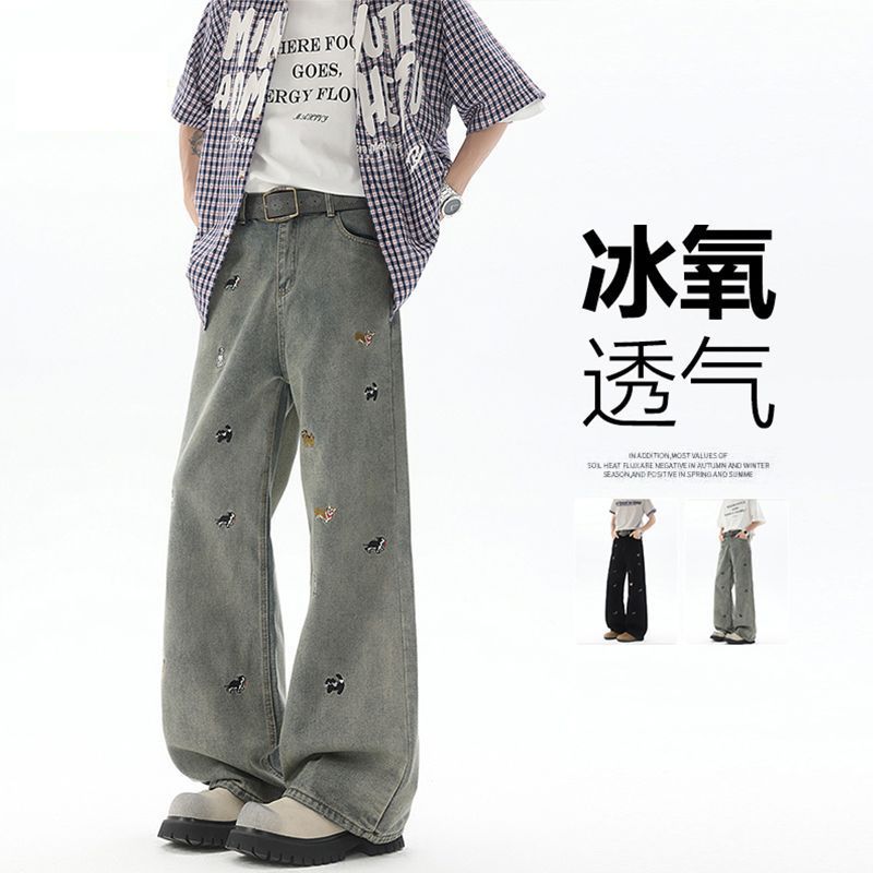 1506/Q286/P46棉致刺绣阔腿牛仔裤男女款夏潮牌宽松直筒拖地图片