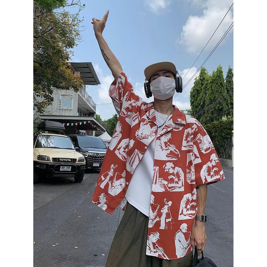 1506/Q22350/P32短袖花衬衫男士夏季薄款满印翻领印花2025年潮，男装T恤，星座1506