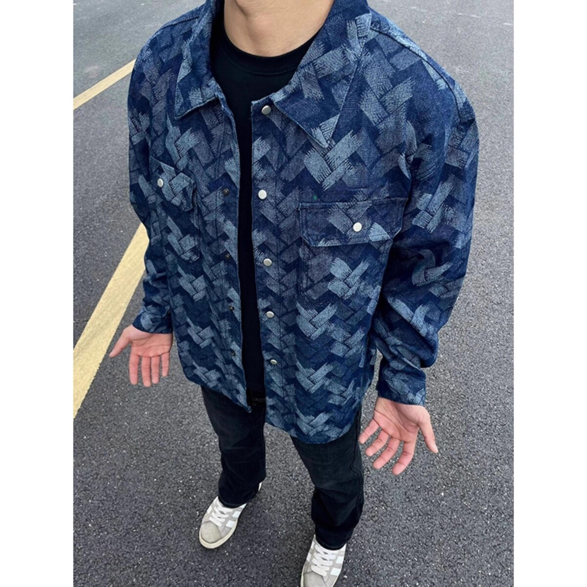 1506/Q2370/P56提花衬衫牛仔外套男宽松秋季翻领夹克加大码胖子潮图片