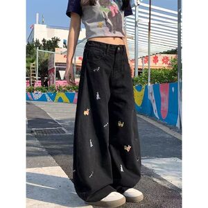 1506/Q80520/P46夏季怀旧刺绣牛仔裤女宽松拖地裤高腰直筒裤子图片