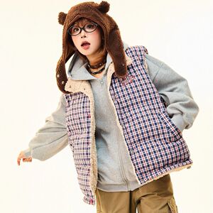 1506/Q25120/P65【双面穿】 色织格纹马甲外套棉服女冬羊羔毛外套图片