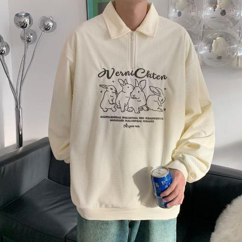 1506/Q1050/P34潮牌兔子刺绣长袖polo衫男秋华夫格情侣学院风卫衣,男装Polo衫,星座1506