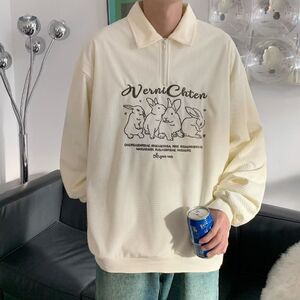 1506/Q1050/P34潮牌兔子刺绣长袖polo衫男秋华夫格情侣学院风卫衣图片