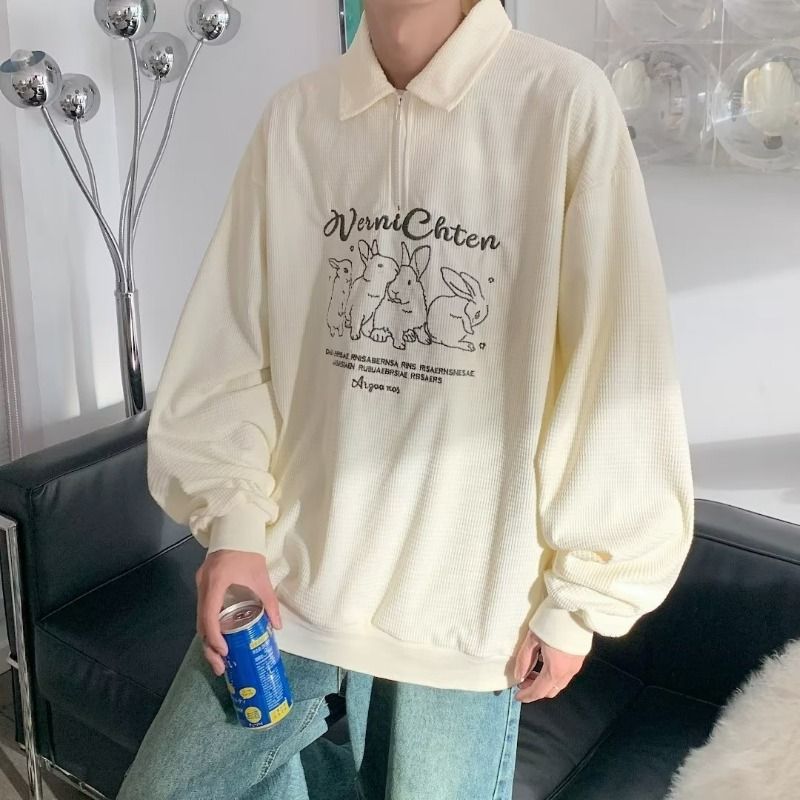 1506/Q1050/P34潮牌兔子刺绣长袖polo衫男秋华夫格情侣学院风卫衣,男装Polo衫,星座1506