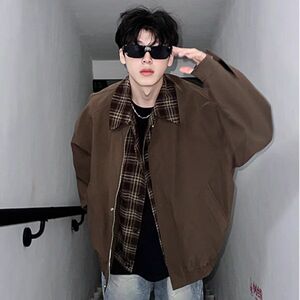 1506/QR-J6430/P76假两件复古翻领夹克男春秋潮牌休闲宽松棒球服,假胯宽的女生穿衣搭配图片