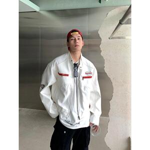 1506/QGP1000/P64美式短款赛车服pu皮刺绣外套白色2025年皮衣夹克图片