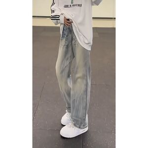 1506/QK650/P49浅蓝色闪电纹牛仔裤男秋季高街vibe裤子直筒微喇裤图片