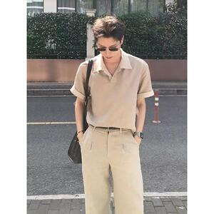 1506/Q325/P37半拉链翻领针织衫男弹力短袖卫衣丝光棉冰丝t恤图片