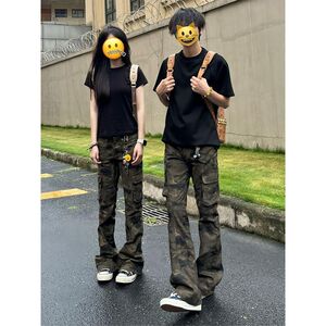 美式高街迷彩牛仔裤男款夏季薄款工装裤子修身窄版休闲直筒微喇裤图片