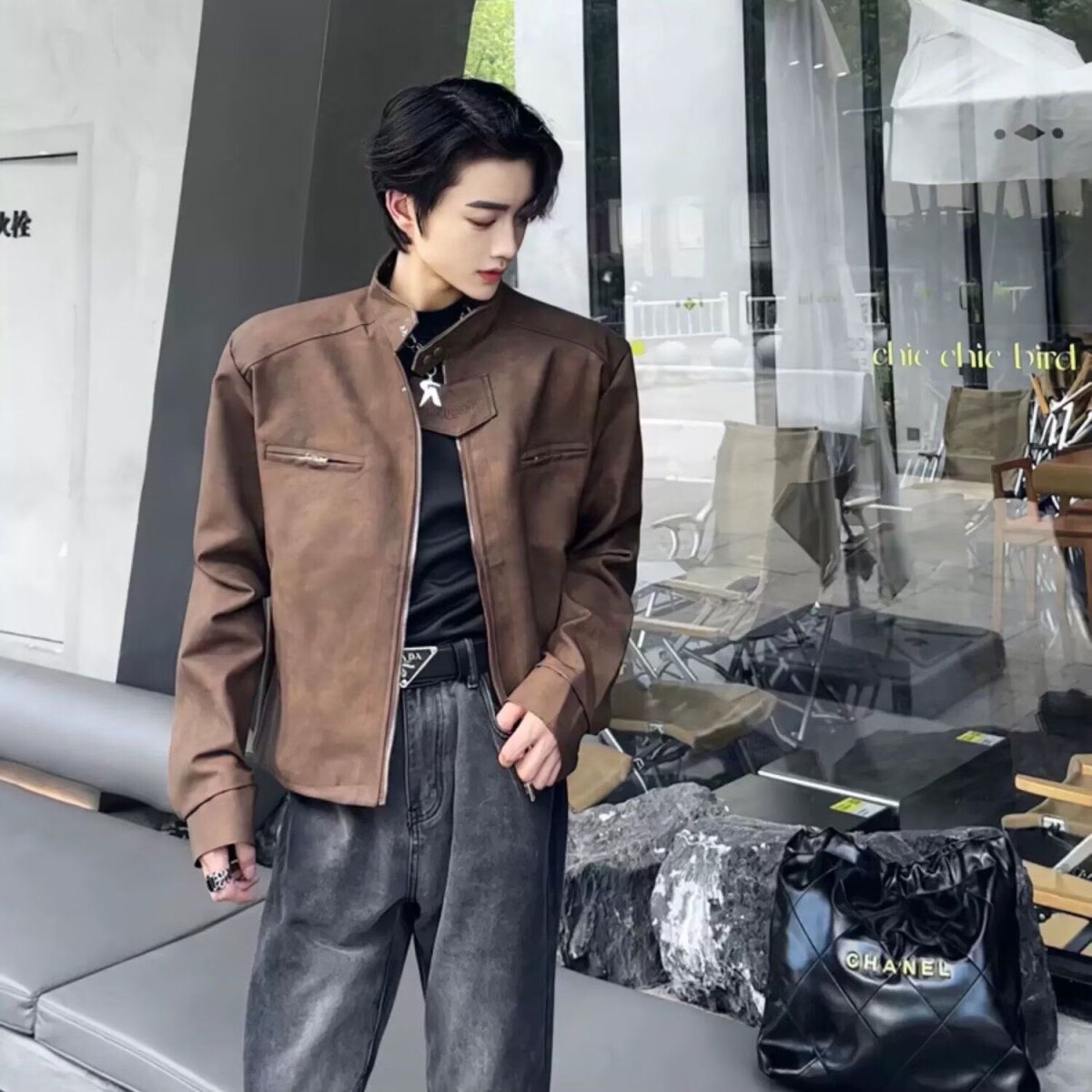 1506/QWT930/P66美式短款垫肩机车服立领皮衣外套男装,男装皮衣,星座1506