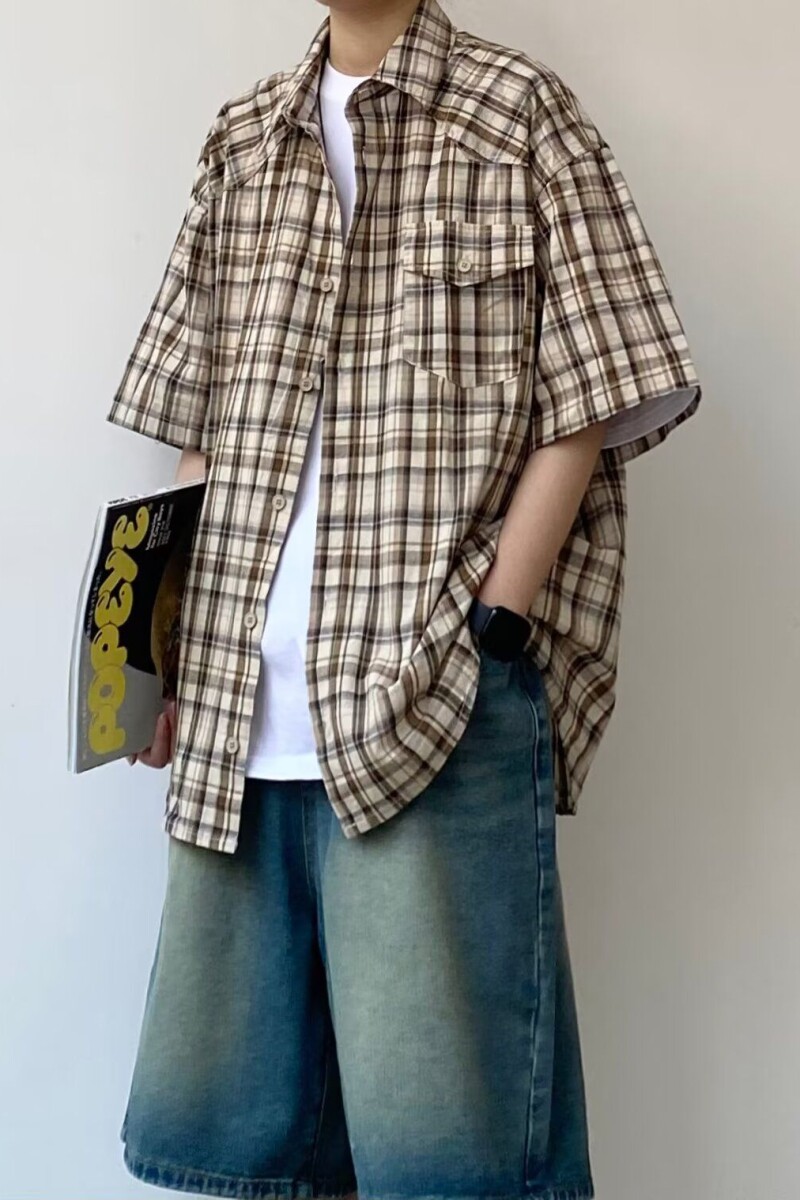 1506/QC1260/P40复古衬衫男夏装港风学生宽松男装上衣外穿,男装衬衫,星座1506