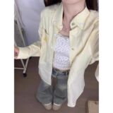1506/QACS090/P41美式复古黄色条纹Polo领衬衫外套女宽松休闲开衫，女装衬衫，星座1506