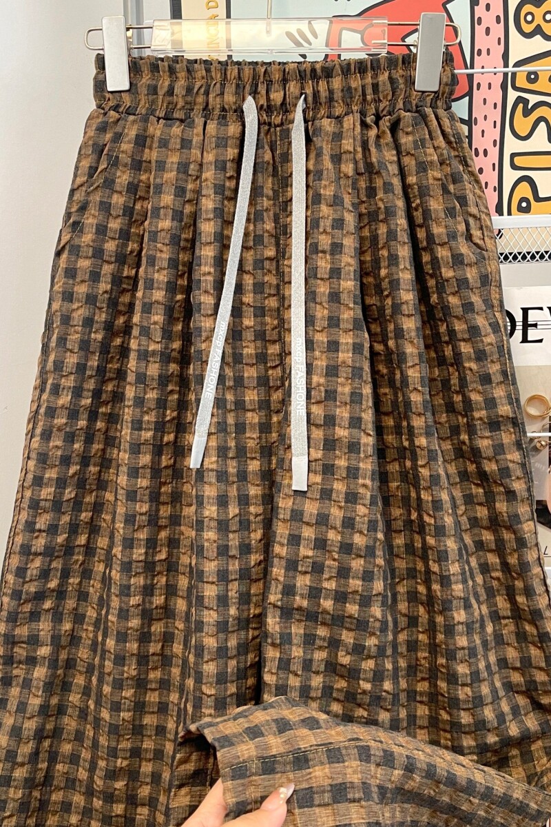1506/QAK580/P50夏男士潮泡泡格肌理感阔腿休闲裤宽松垂感直筒裤,男装休闲裤,星座1506